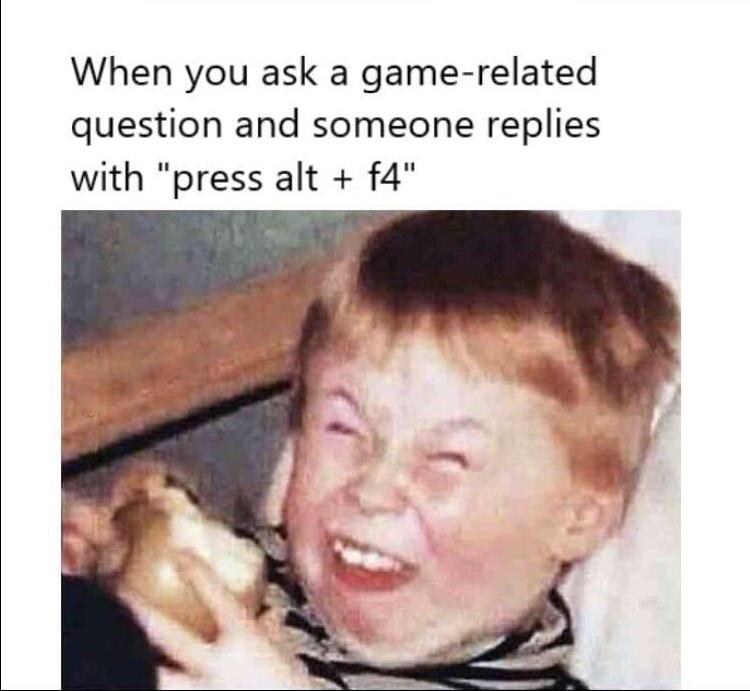 gaming memes - photo caption - When you ask a gamerelated question and someone replies with "press alt f4"