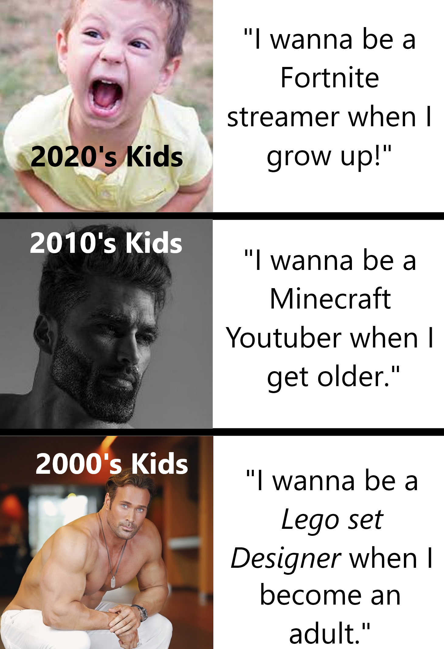 gaming memes - memes - 2020's Kids 2010's Kids 2000's Kids "I wanna be a Fortnite streamer when I grow up!" "I wanna be a Minecraft Youtuber when I get older." "I wanna be a Lego set Designer when I become an adult."
