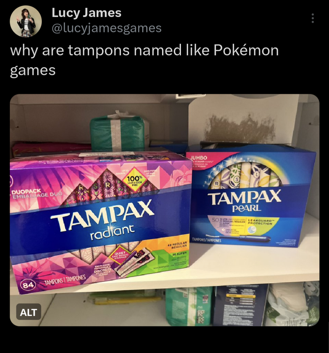 dank memes - display advertising - Lucy James why are tampons named Pokmon games Duopack Emia Age Dus Alt 84 Tampons Tampones 100 Alte Tampax radiant www Jumbo Sel Tampax Pearl Searogard