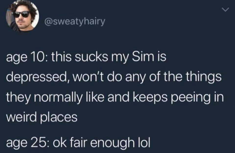 funny tweets - Meme - age 10 this sucks my Sim is depressed, won't do any of the things they normally and keeps peeing in weird places age 25 ok fair enough lol