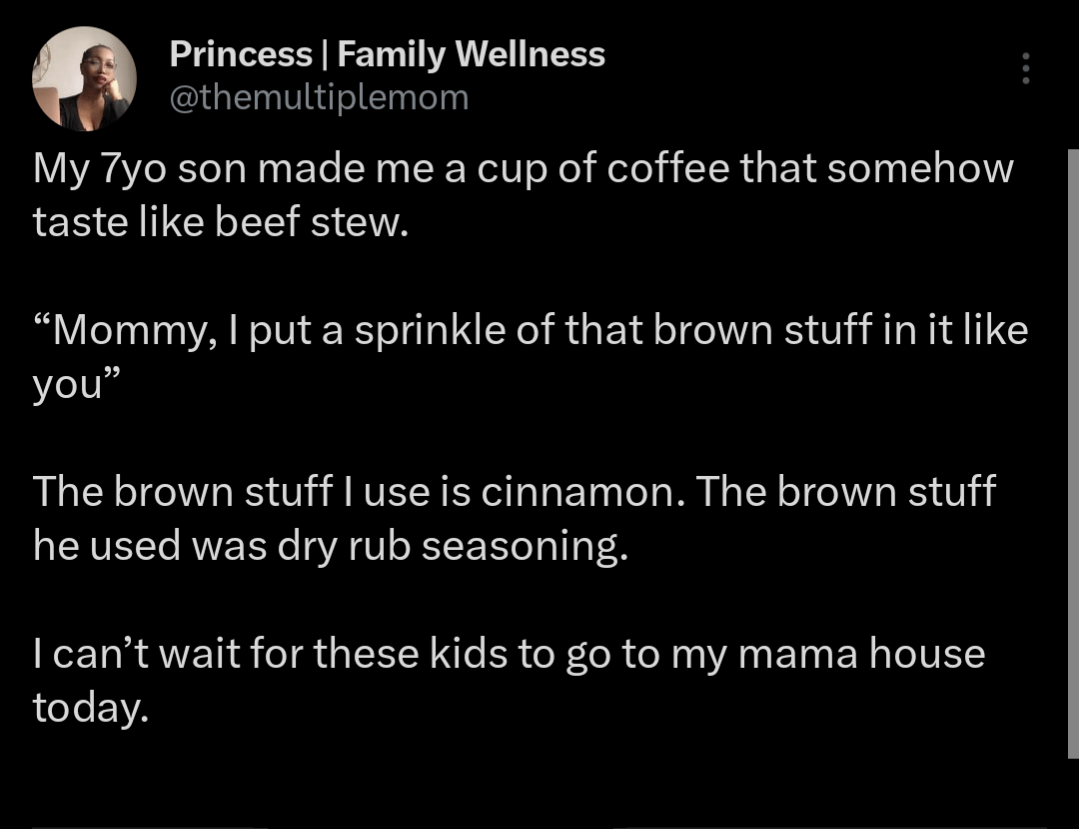 funny tweets - angle - Princess | Family Wellness My 7yo son made me a cup of coffee that somehow taste beef stew. "Mommy, I put a sprinkle of that brown stuff in it you" The brown stuff I use is cinnamon. The brown stuff he used was dry rub seasoning. I 