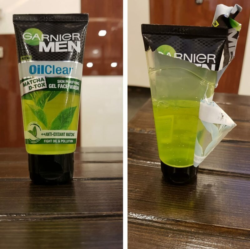 deceptive products and packaging -  misleading packaging - Garnier Men New OilClear Matcha DTox Skin Purifying Gel Face Wash AntiOxidant Matcha Fight Oil & Pollution A Rnier KoIt