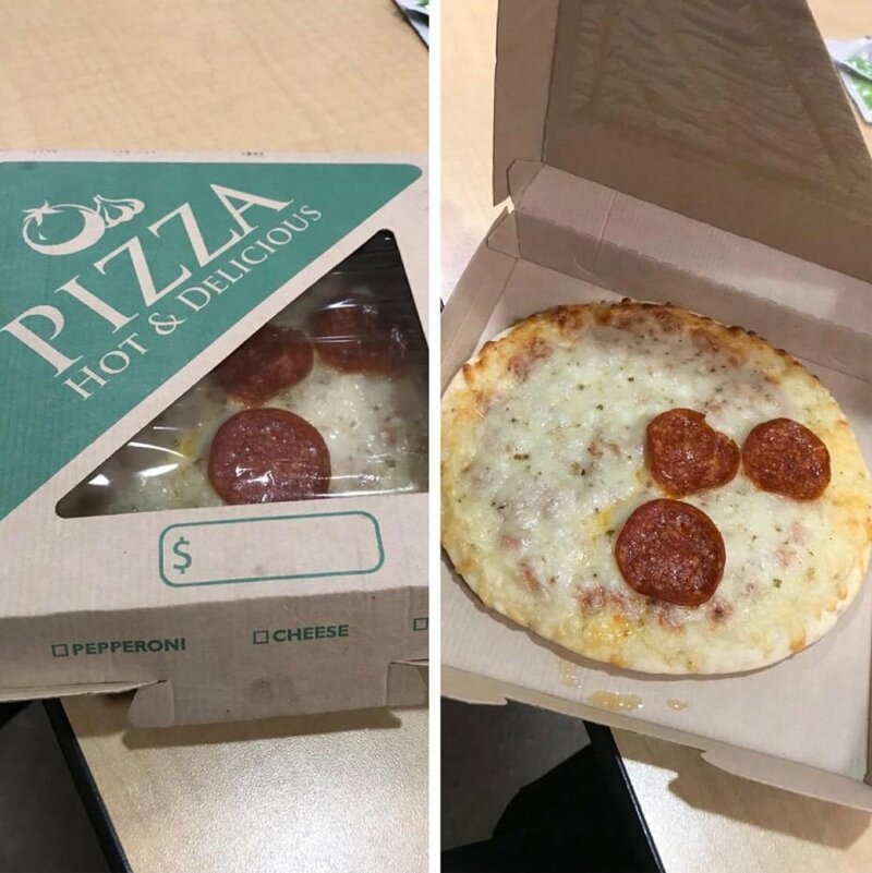 deceptive products and packaging -  pepperoni pizza scam - Os Pizza Hot & Delicious $ Opepperoni Cheese