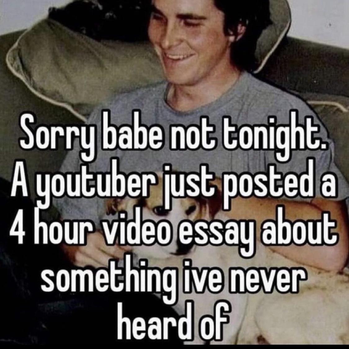 dank memes - photo caption - Sorry babe not tonight. A youtuber just posted a 4 hour video essay about something ive never heard of