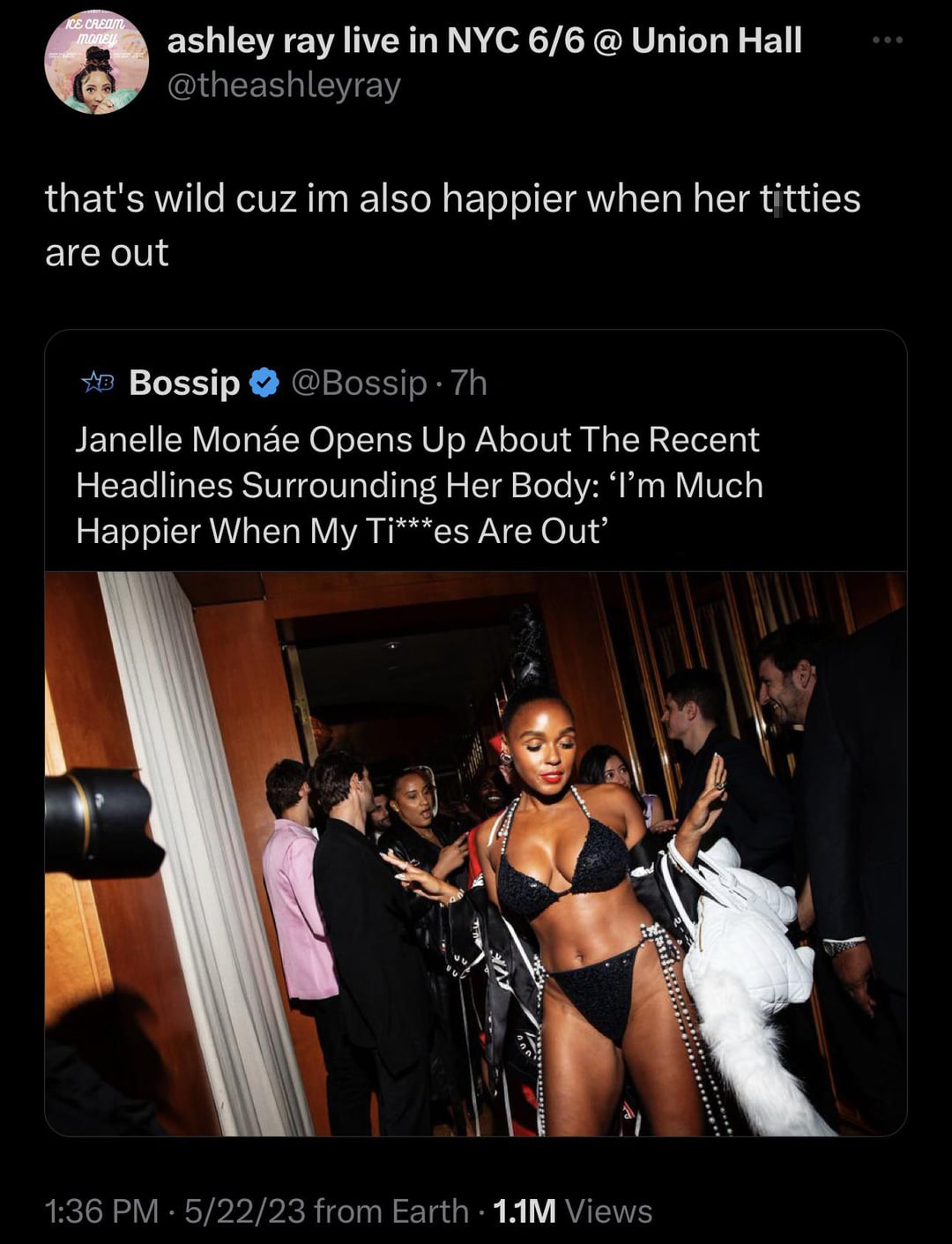 funny tweets - janelle monae met gala after party - Ice Cream money ashley ray live in Nyc 66 @ Union Hall that's wild cuz im also happier when her titties are out B Bossip 7h Janelle Mone Opens Up About The Recent Headlines Surrounding Her Body 'I'm Much