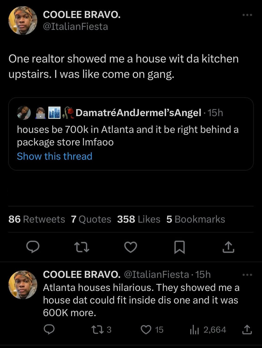 funny tweets - Donald Trump - Coolee Bravo. Fiesta One realtor showed me a house wit da kitchen upstairs. I was come on gang. DamatrAndJermel's Angel15h houses be in Atlanta and it be right behind a package store Imfaoo Show this thread 86 7 Quotes 358 5 
