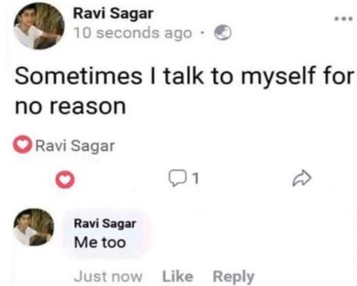 funny tweets - diagram - Ravi Sagar 10 seconds ago Sometimes I talk to myself for no reason Ravi Sagar 01 Ravi Sagar Me too Just now