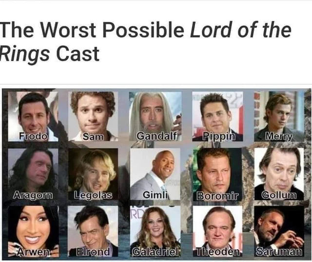 fresh memes - worst lord of the rings cast meme - The Worst Possible Lord of the Rings Cast Frodo Aragorn Arwen Sam Legolas Gandalf Gimli Rd Pippin Merry Boromir Gollum Elrond Galadriel Theoden. Saruman