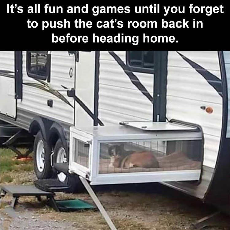 fresh memes - recreational vehicle - It's all fun and games until you forget to push the cat's room back in before heading home. P