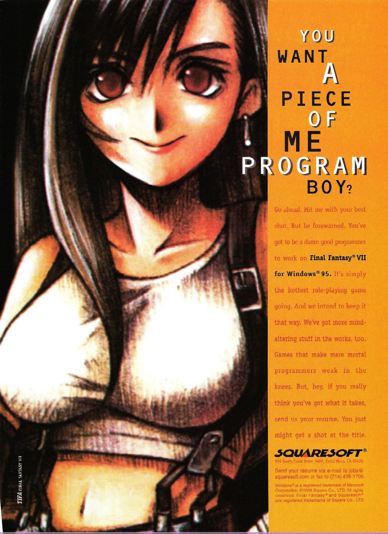 90s video game ads -  final fantasy vii pc port advertisement - Ta You Want A Piece Of Program Boy? siliani goni prapamam Final Fantasy Vii for Windows 95. It's ply And w That way we get me w athening munt the work a Bit des felly thine s'est t porn Tuju 