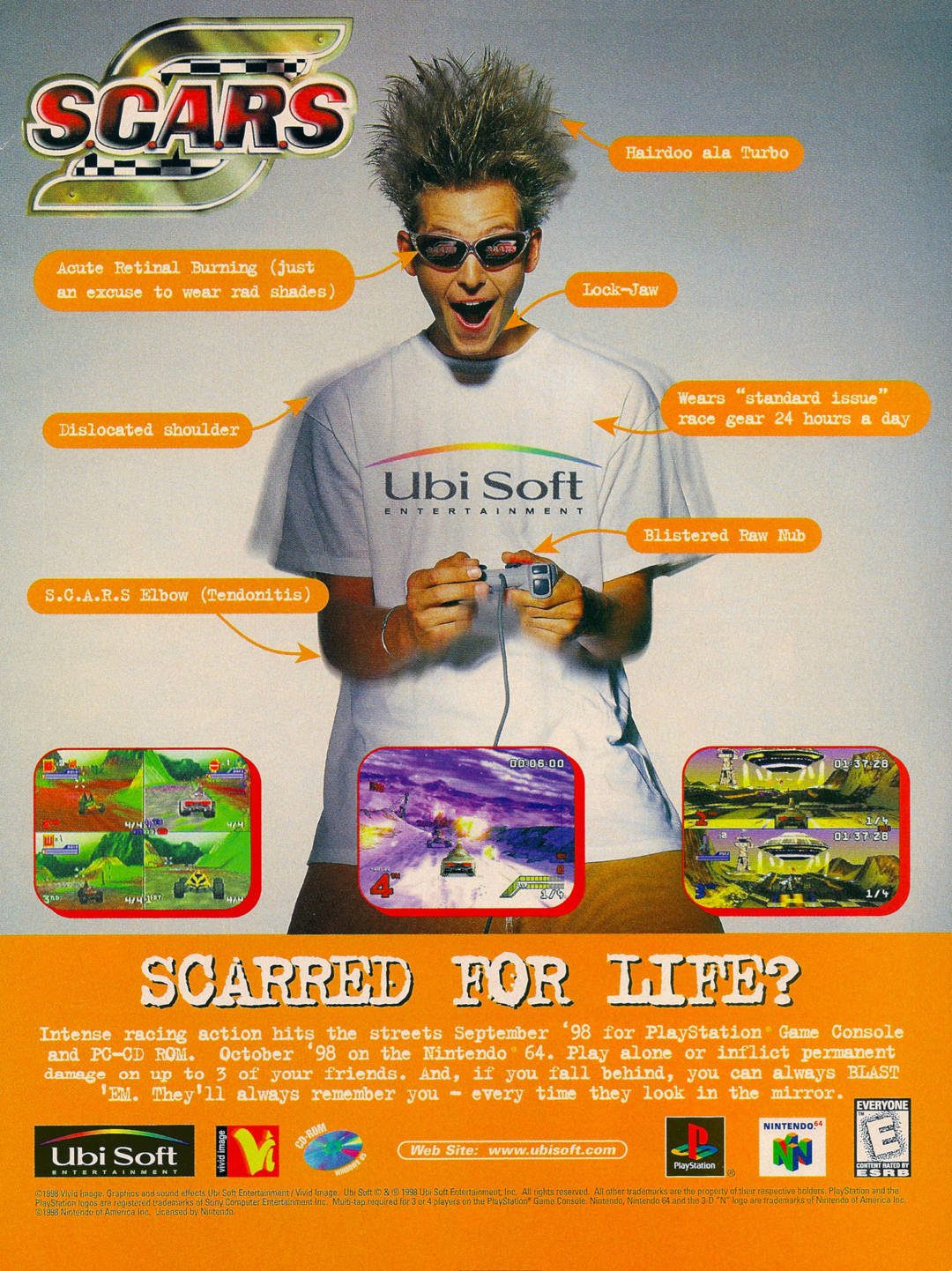 90s video game ads -  poster - Scars Acute Retinal Burning just an excuse to wear rad shades Dislocated shoulder S.C.A.R.S Elbow Tendonitis 445887 Ubi Soft Entertainment Kar CdRom Ubi Soft R 00 Lock Jaw Hairdoo ala Turbo Web Site " Wears standard issue ra