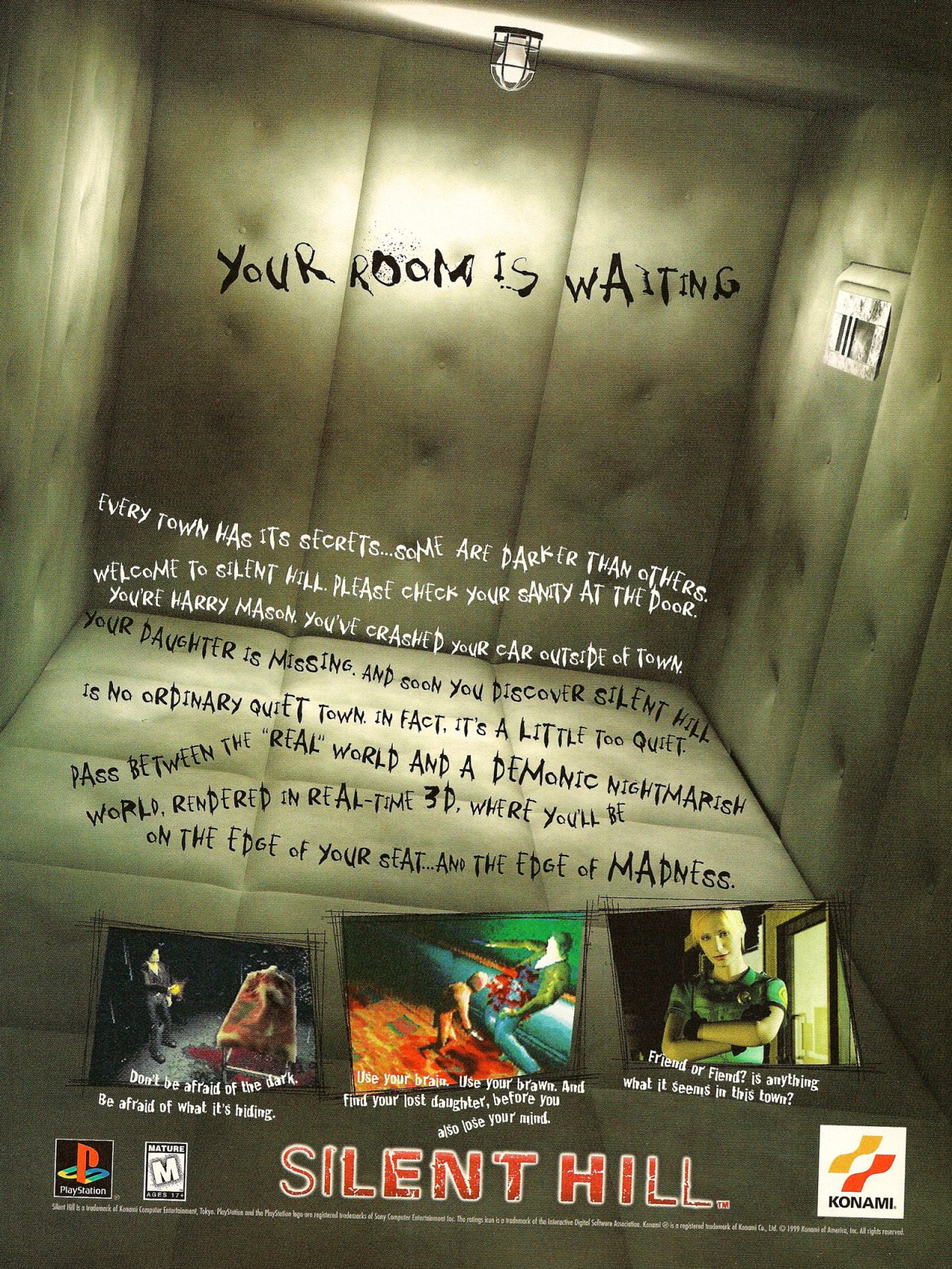 90s video game ads -  silent hill 1 ads - Your Room Is Waiting Every Town Has Its Secrite... Are Parker Than Others Welcome To Clint Will Please Check Your Ganty At The Door You'Re Harry Ma you'Ve Cracked Or Carte De of Town Your Daughter Is Missing And O