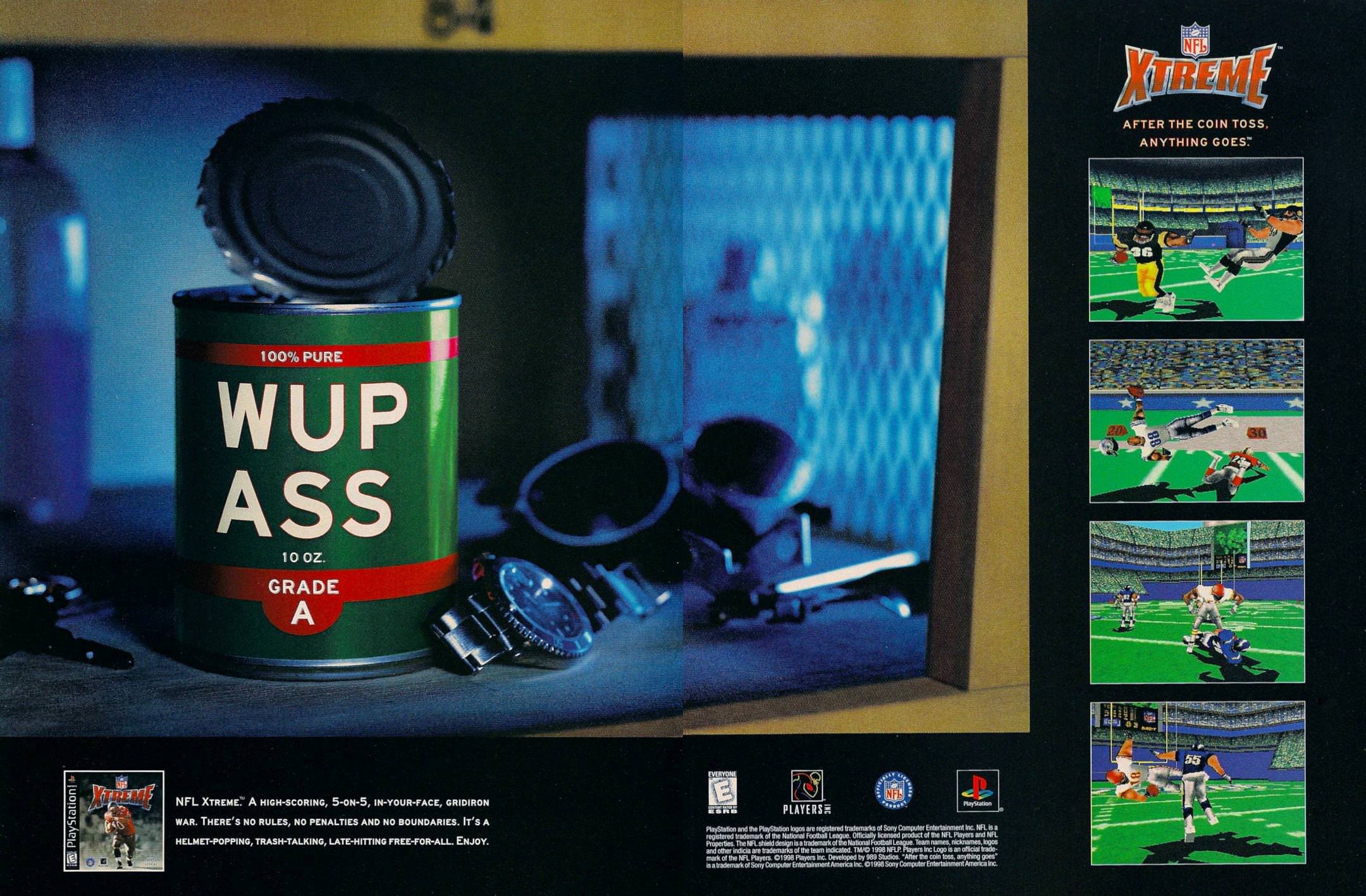 90s video game ads -  display device - Villems 100% Pure Wup Ass 10 02 Grade A Mpl Xtra H 55, , War. There'S No Rules, No Penalties And No Boundares. It'S A HelmetPopping, TrashTalking, LateNetting FreeForAll Day. Flaters After The Coin Toss, Anything Goe