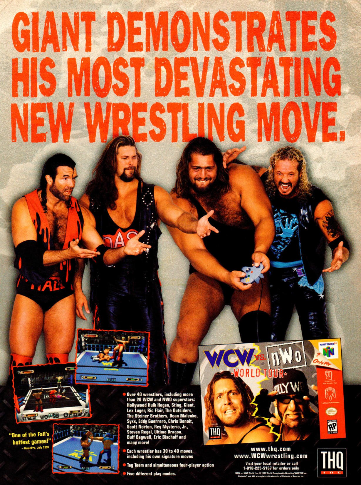 90s video game ads -  wcw nwo world tour - Giant Demonstrates His Most Devastating New Wrestling Move. "the fals best games Padri 18 wewhers, includ 20 Chauperatur Ding Dan The Sty S The M lashes 30 Wcw Wo World O Tho Yw 017 Thq Hom