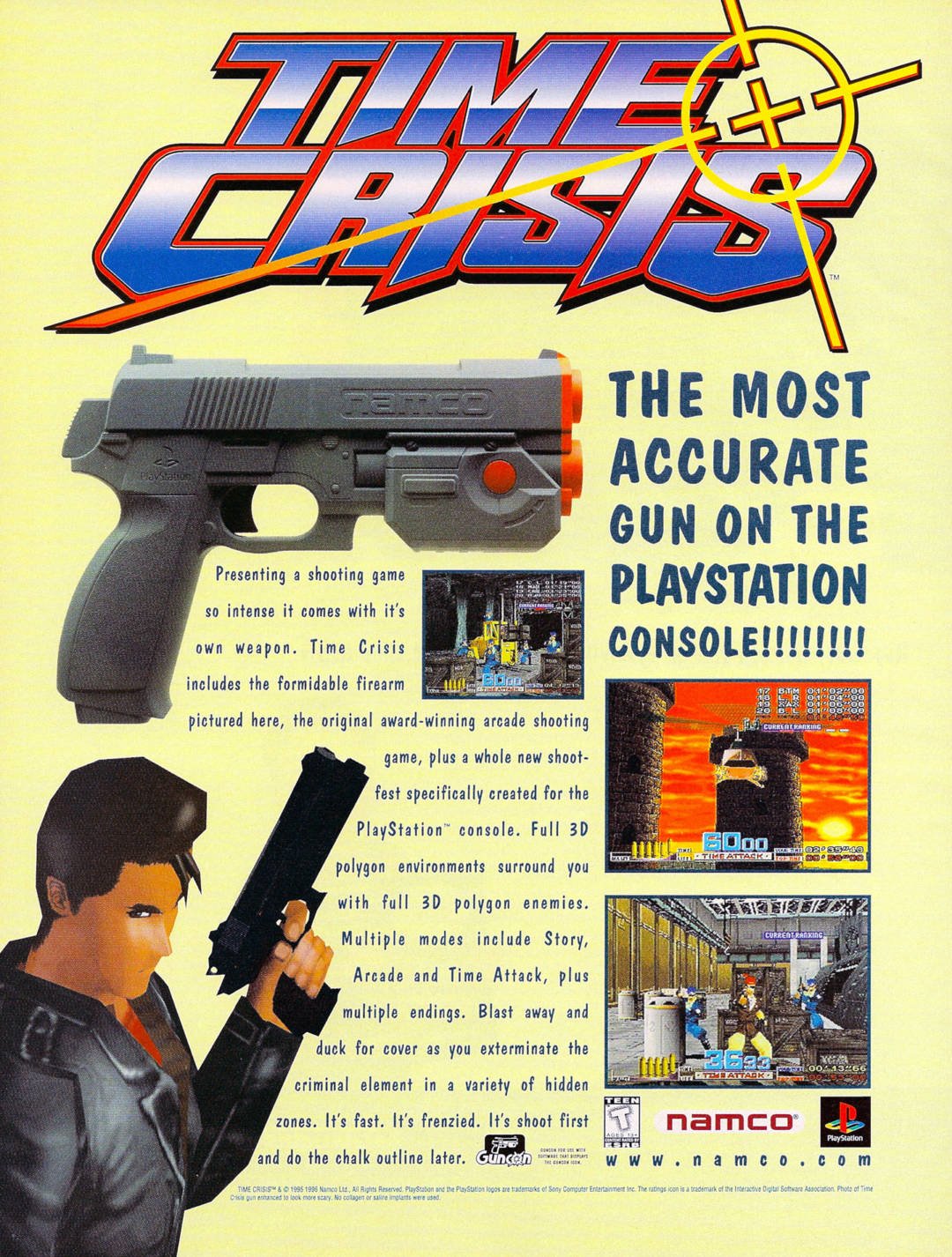 90s video game ads -  time crisis advert - Time Crisis camco Presenting a shooting game so intense it comes with it's own weapon. Time Crisis includes the formidable firearm Deste pictured here, the original awardwinning arcade shooting game, plus a whole