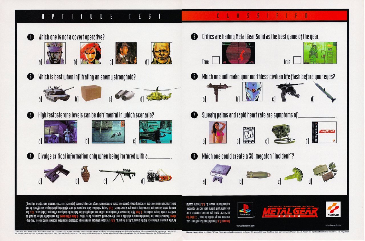 90s video game ads -  metal gear solid 1 ad - Aptitude Test 1 Which one is not a covert operative? a b c 2 Which is best when infiltrating an enemy stronghold? d a C 3 High testosterone levels can be detrimental in which scenario? a b c 4 Divulge critical