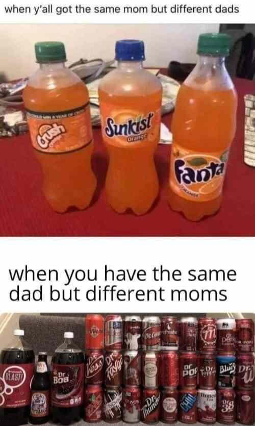 dank memes - samber field park - when y'all got the same mom but different dads Crush Blast Sunkist Orange when you have the same dad but different moms Dr Dr Yess Faygo Wow Dr Ch Fanta Thunde th lase or po M Dr. Toppe Hope Blur Pop Dr.