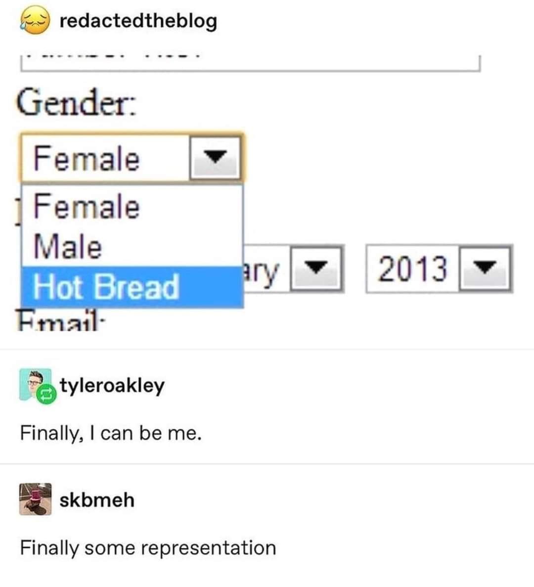 best memes of the week - -  - redactedtheblog Gender Female Female Male Hot Bread Email tyleroakley Finally, I can be me. skbmeh ary Finally some representation 2013