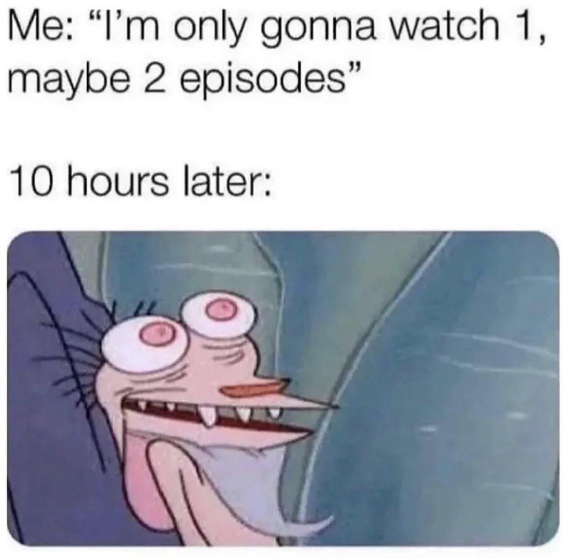 monday morning randomness - not funny old meme - Me "I'm only gonna watch 1, maybe 2 episodes" 10 hours later