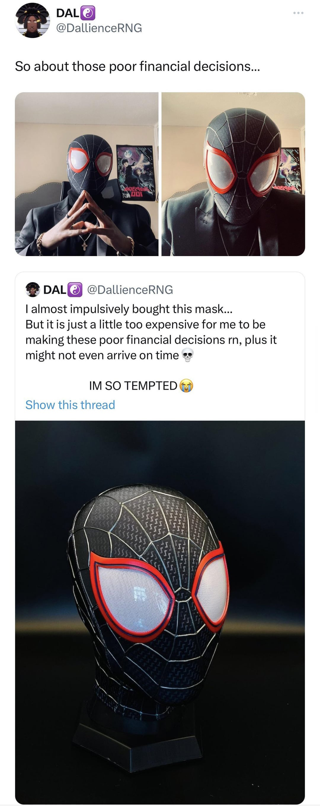 funny tweets and twitter memes - goggles - Dal Rng So about those poor financial decisions... Dal DallienceRNG I almost impulsively bought this mask.... But it is just a little too expensive for me to be making these poor financial decisions m, plus it mi