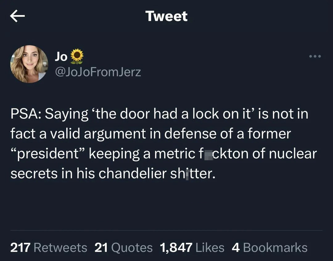 twitter memes - atmosphere - K Jo Jerz Tweet ... Psa Saying 'the door had a lock on it' is not in fact a valid argument in defense of a former "president" keeping a metric fckton of nuclear secrets in his chandelier shitter. 217 21 Quotes 1,847 4 Bookmark