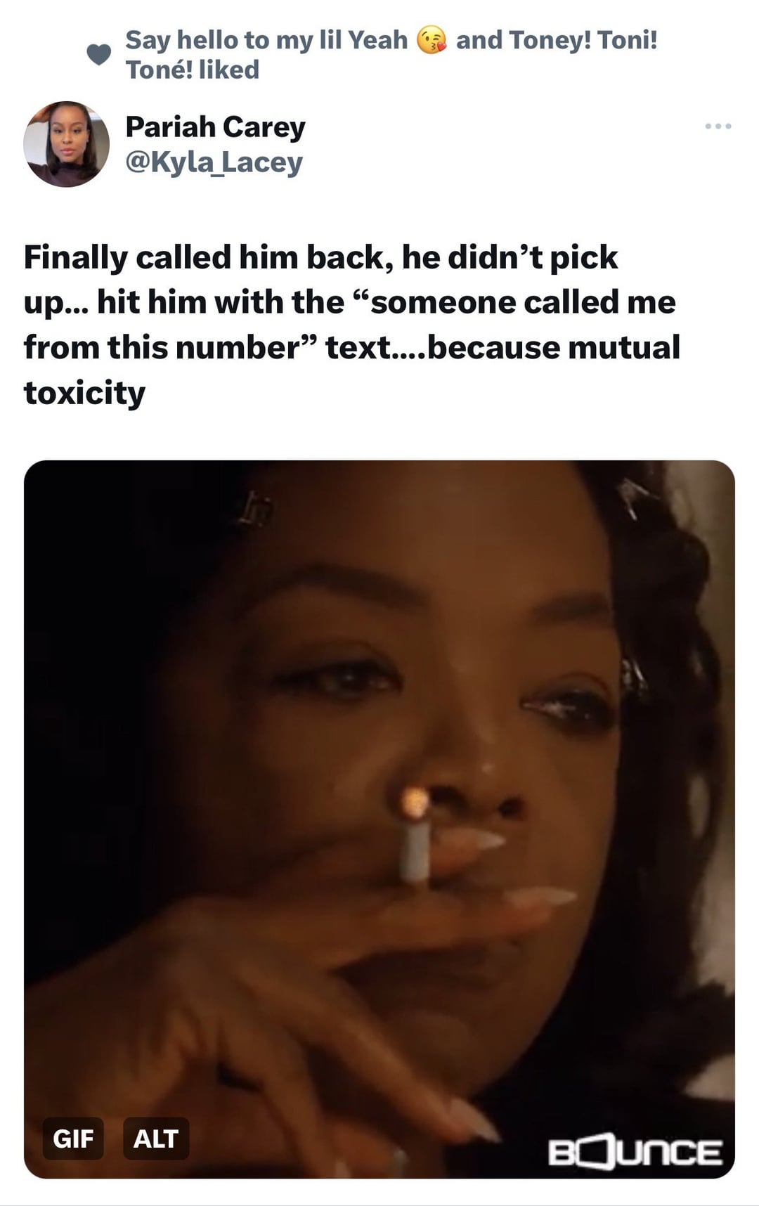 funny tweets and twitter memes - head - Say hello to my lil Yeah and Toney! Toni! Ton! d Pariah Carey Finally called him back, he didn't pick up... hit him with the "someone called me from this number" text....because mutual toxicity Gif Alt Bounce