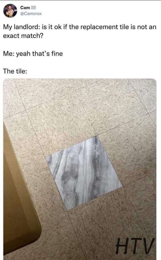 cool pics and funny memes - floor - Cam M My landlord is it ok if the replacement tile is not an exact match? Me yeah that's fine The tile Cl Htv