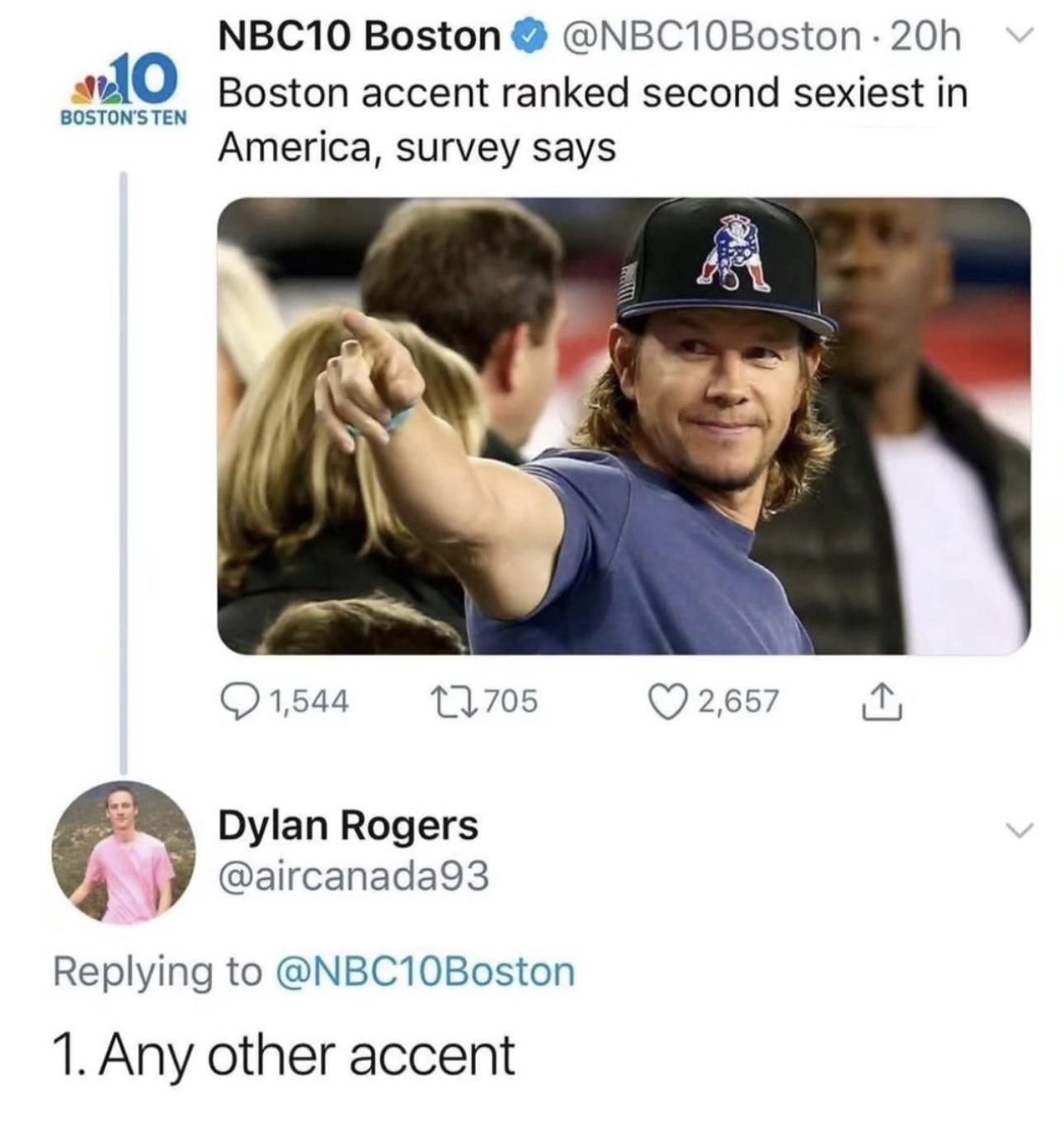 funny memes - photo caption - NBC10 Boston 20h 10 Boston accent ranked second sexiest in Boston'S Ten America, survey says 1,544 705 Dylan Rogers 1. Any other accent A 2,657