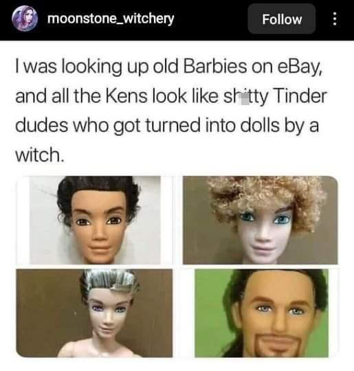 dank memes - head - moonstone_witchery I was looking up old Barbies on eBay, and all the Kens look shitty Tinder dudes who got turned into dolls by a witch.