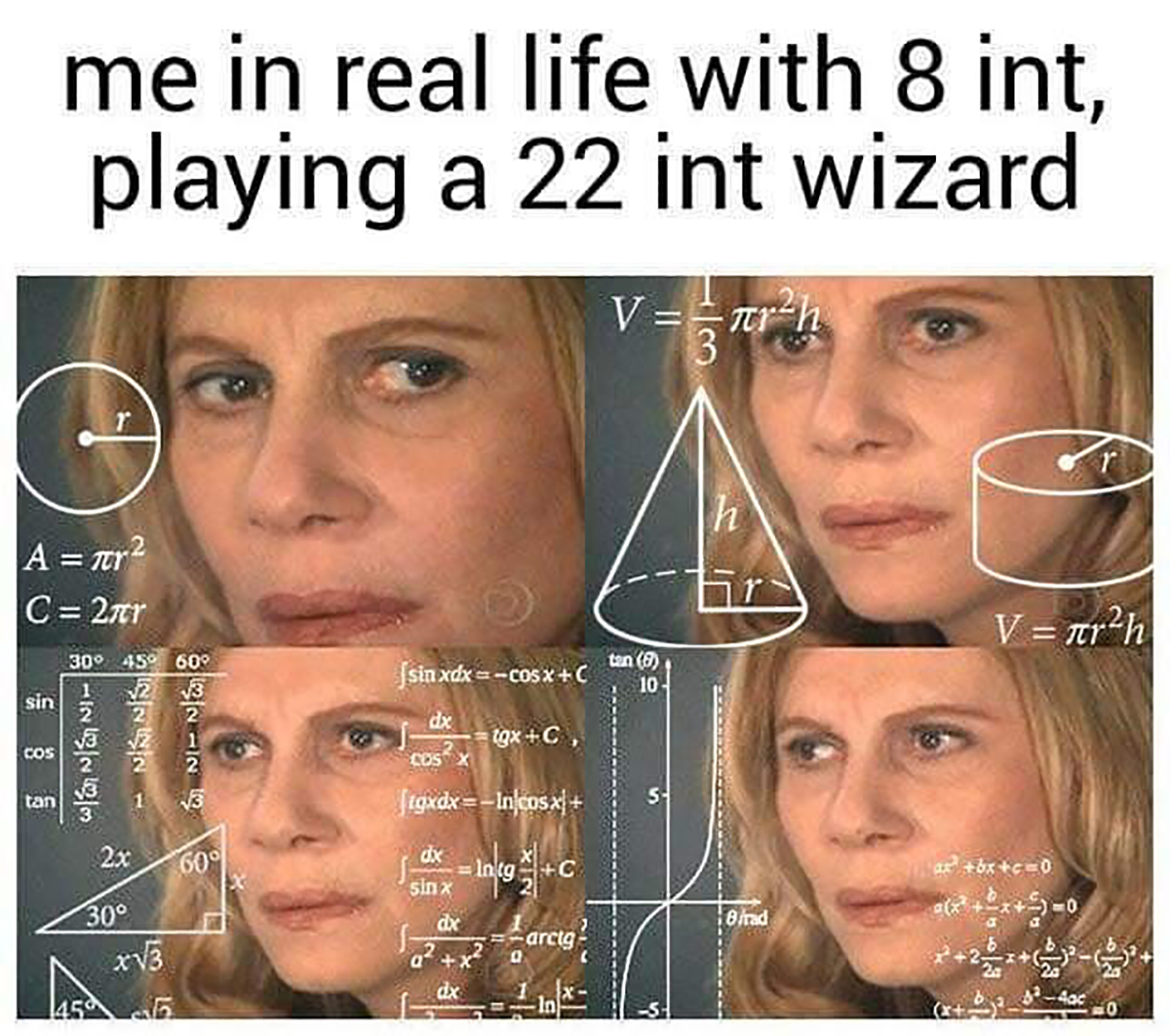 monday memes - head - A 7tr C2r sin Cos me in real life with 8 int, playing a 22 int wizard tan 30 45 60 23 Innr Mansg 2x 30 x3 45 37 07 EnNe 2 3 60% sinxdx COsx C dx tgxC, Cos ftgxdxIncosx dx sinx dx dx IngC Ing arcig. V Tr tan 9 10 Bad h V rh bxc0 No