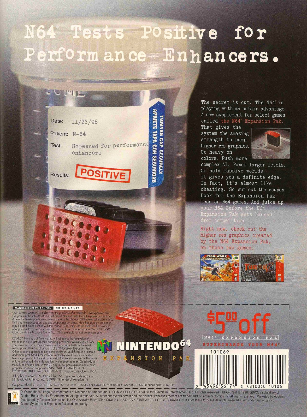 coupon - N64 Tests Positive for Performance Enhancers. Onte 112390 Pater N64 The Screened for performance manches Resu e manu Positive Tighten Apriete Tapa Con Seguridad Gaf Securely Nintendo 64 Nsion Pa The secret is out. The 504 playing with an unfair s