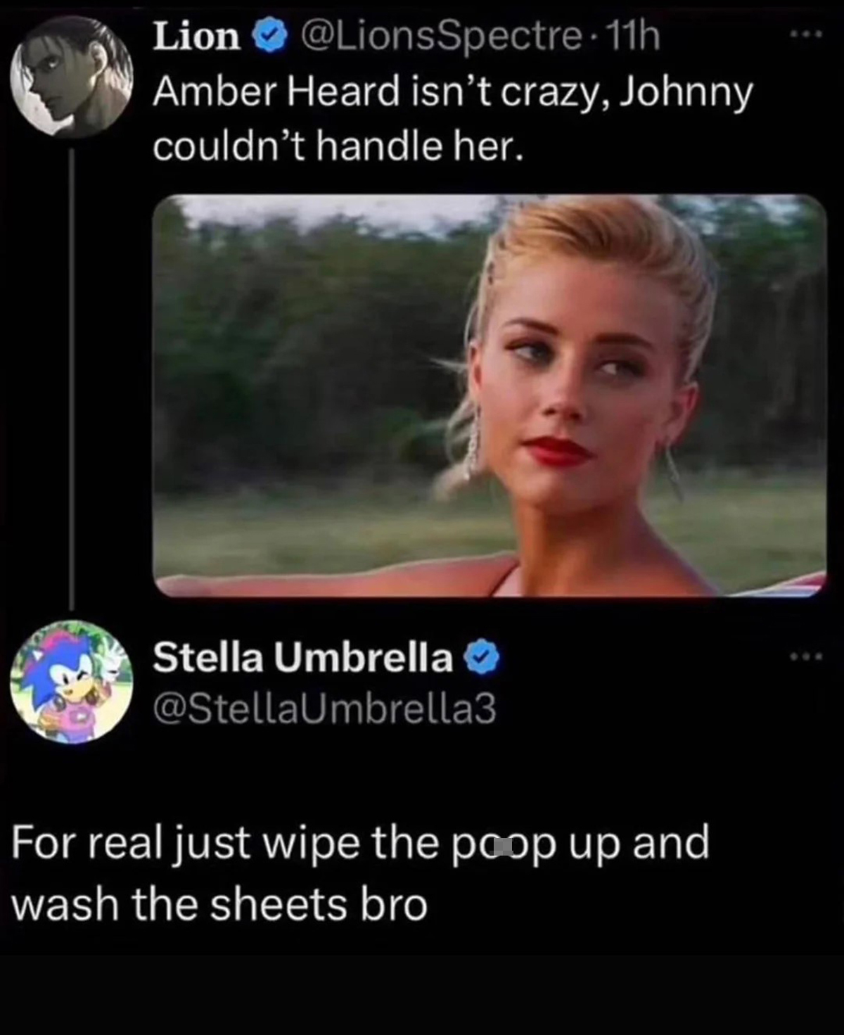 photo caption - Lion 11h Amber Heard isn't crazy, Johnny couldn't handle her. Stella Umbrella For real just wipe the poop up and wash the sheets bro