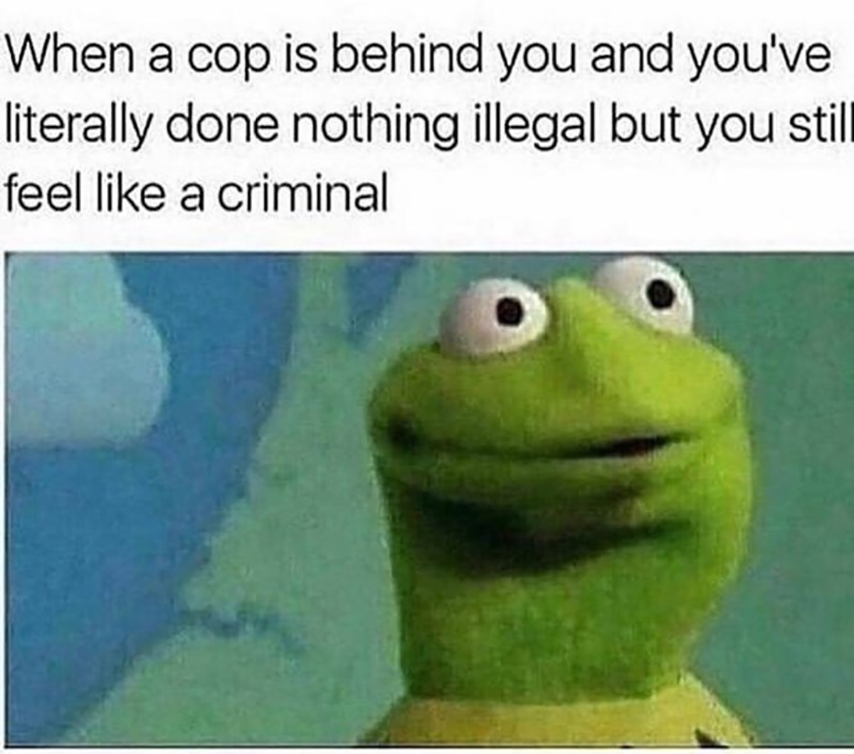 dank memes - kermit memes reddit - When a cop is behind you and you've literally done nothing illegal but you still feel a criminal