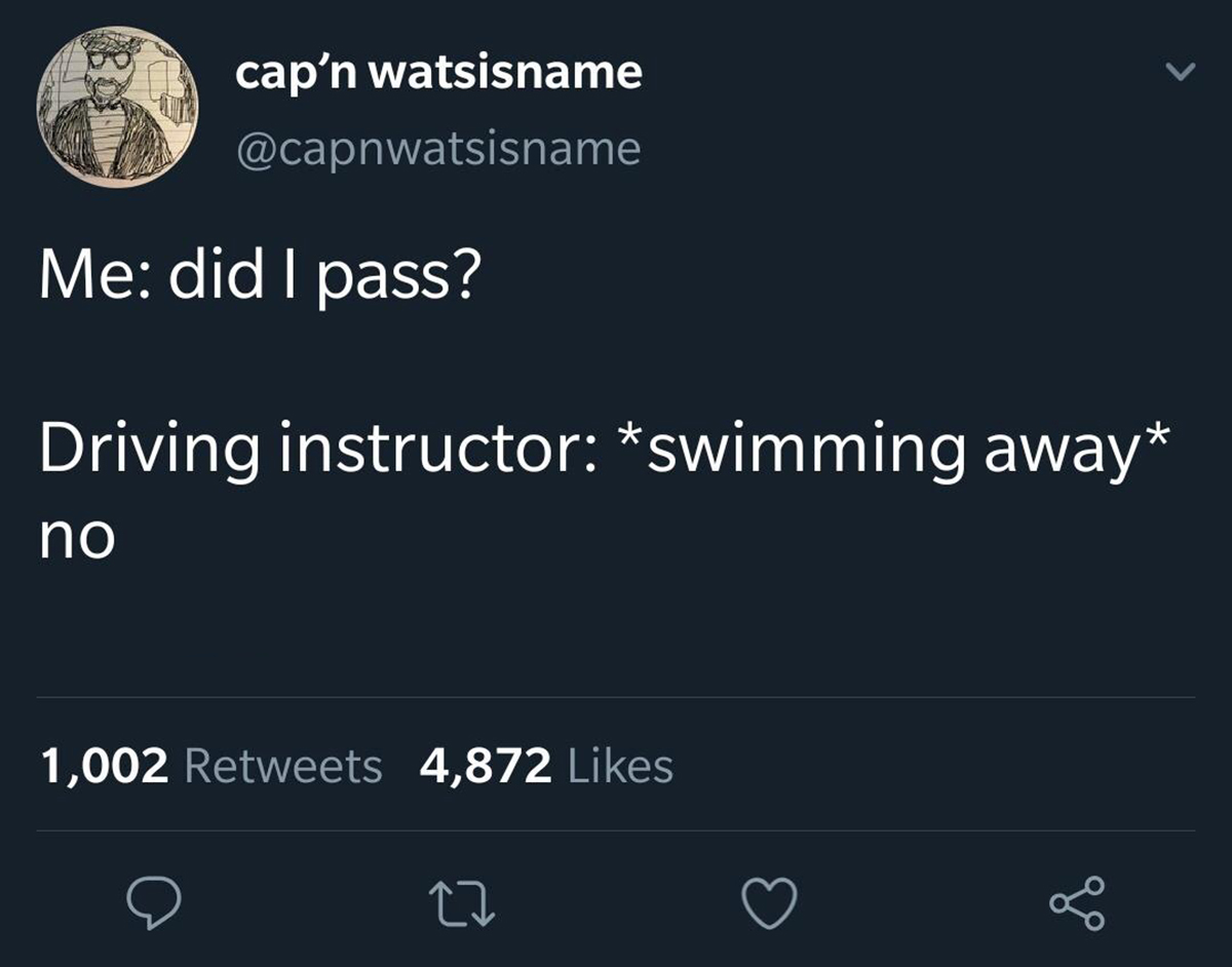 dank memes - atmosphere - cap'n watsisname Me did I pass? Driving instructor swimming away no 1,002 4,872 go