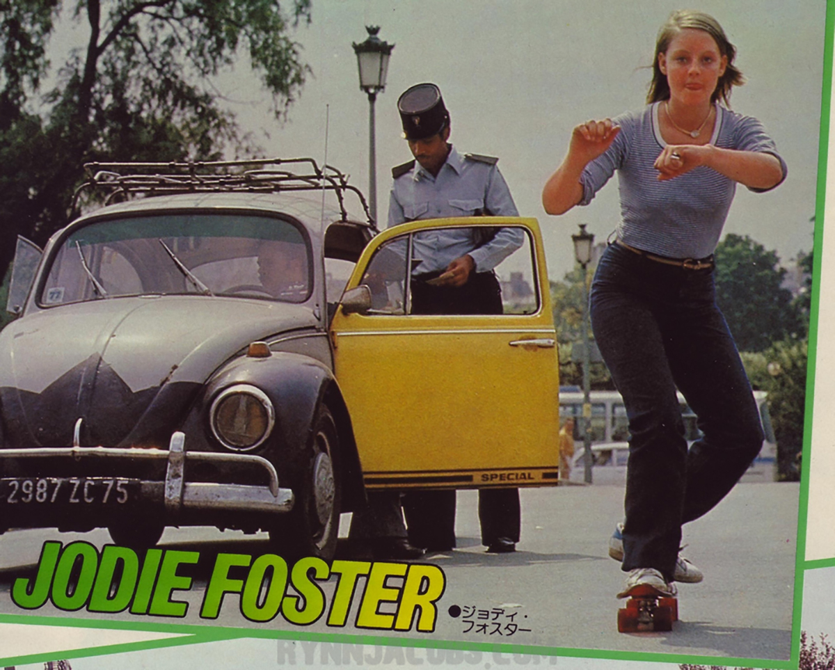 17-year-old Jodie Foster skateboarding in Paris for a Japanese magazine in 1977.