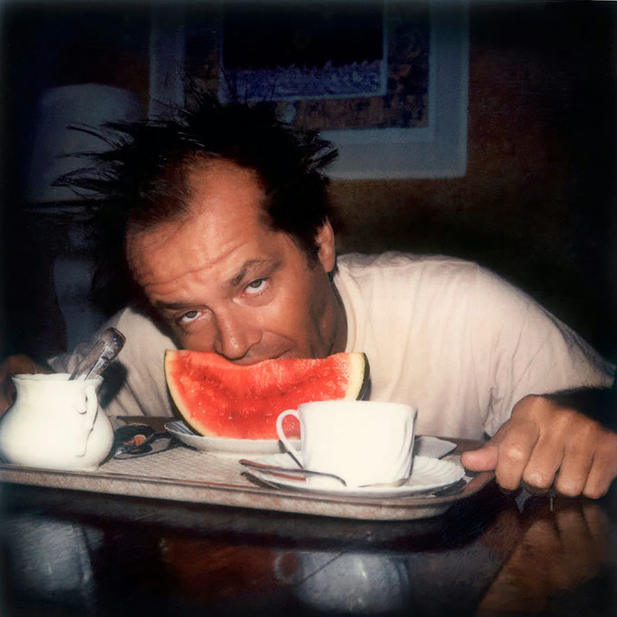 Jack Nicholson eating a watermelon, sometime in the 1970s.