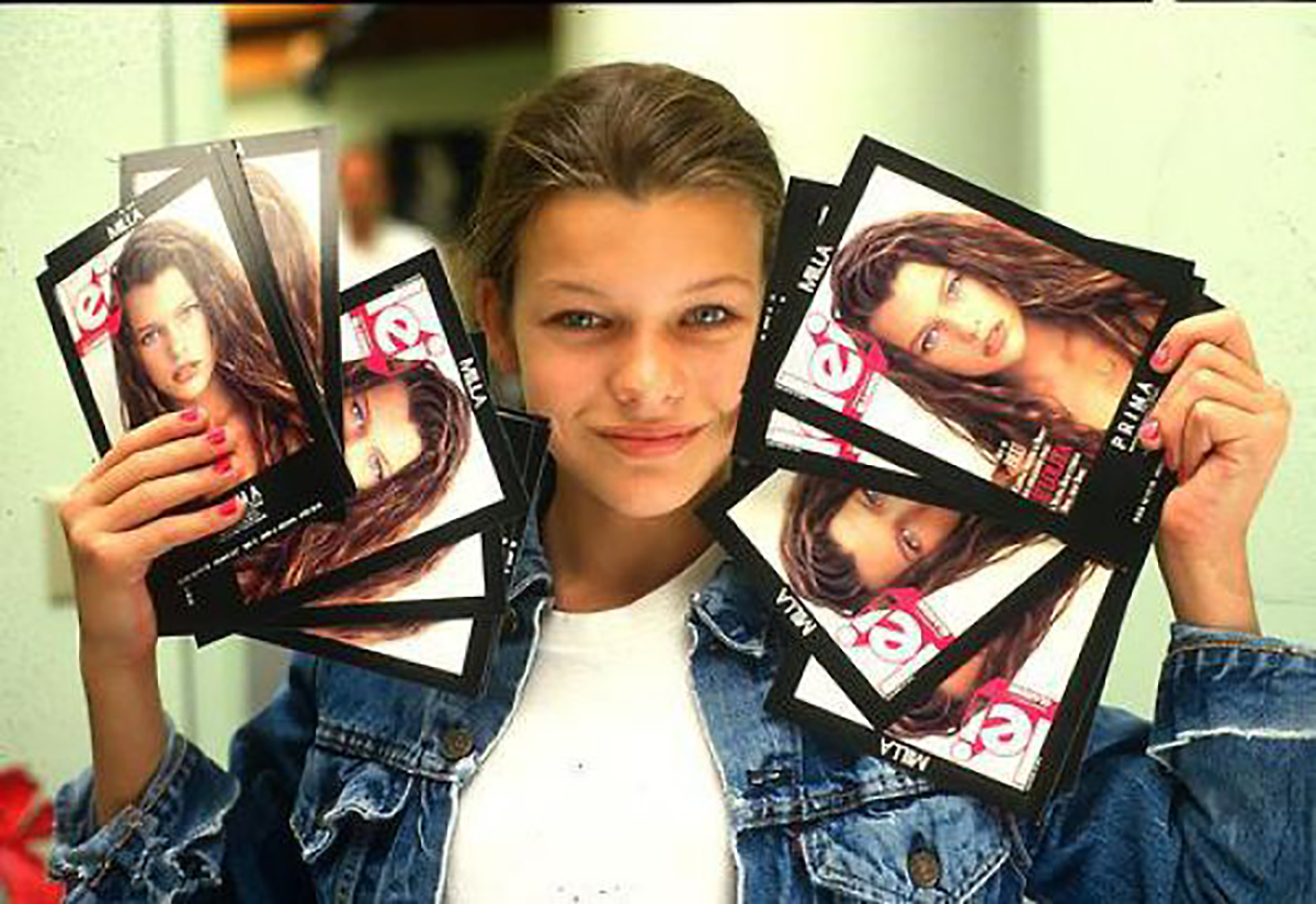 11-year-old Milla Jovovich showing off her being on the cover of Italian Lei magazine in 1987, one of her first modeling jobs in what would be a successful modeling and eventual acting career.