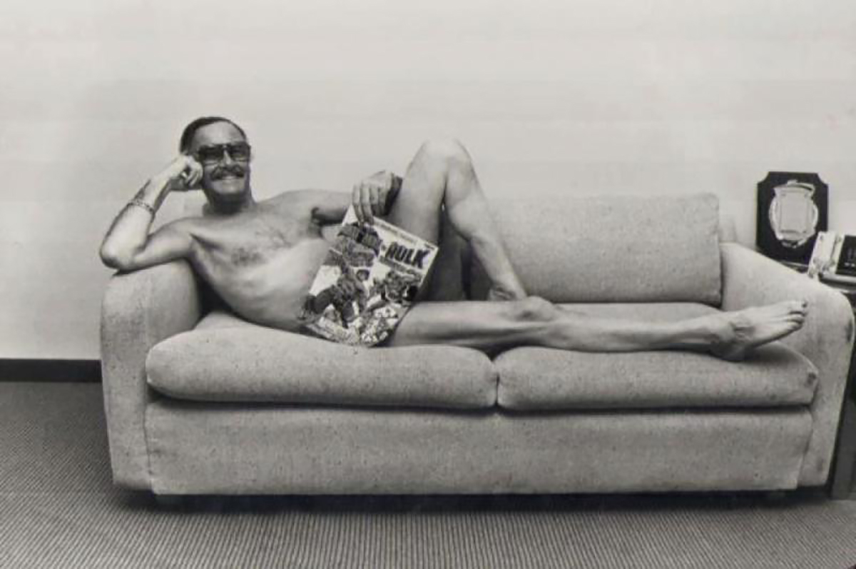 Stan Lee doing a silly centerfold picture in 1983.