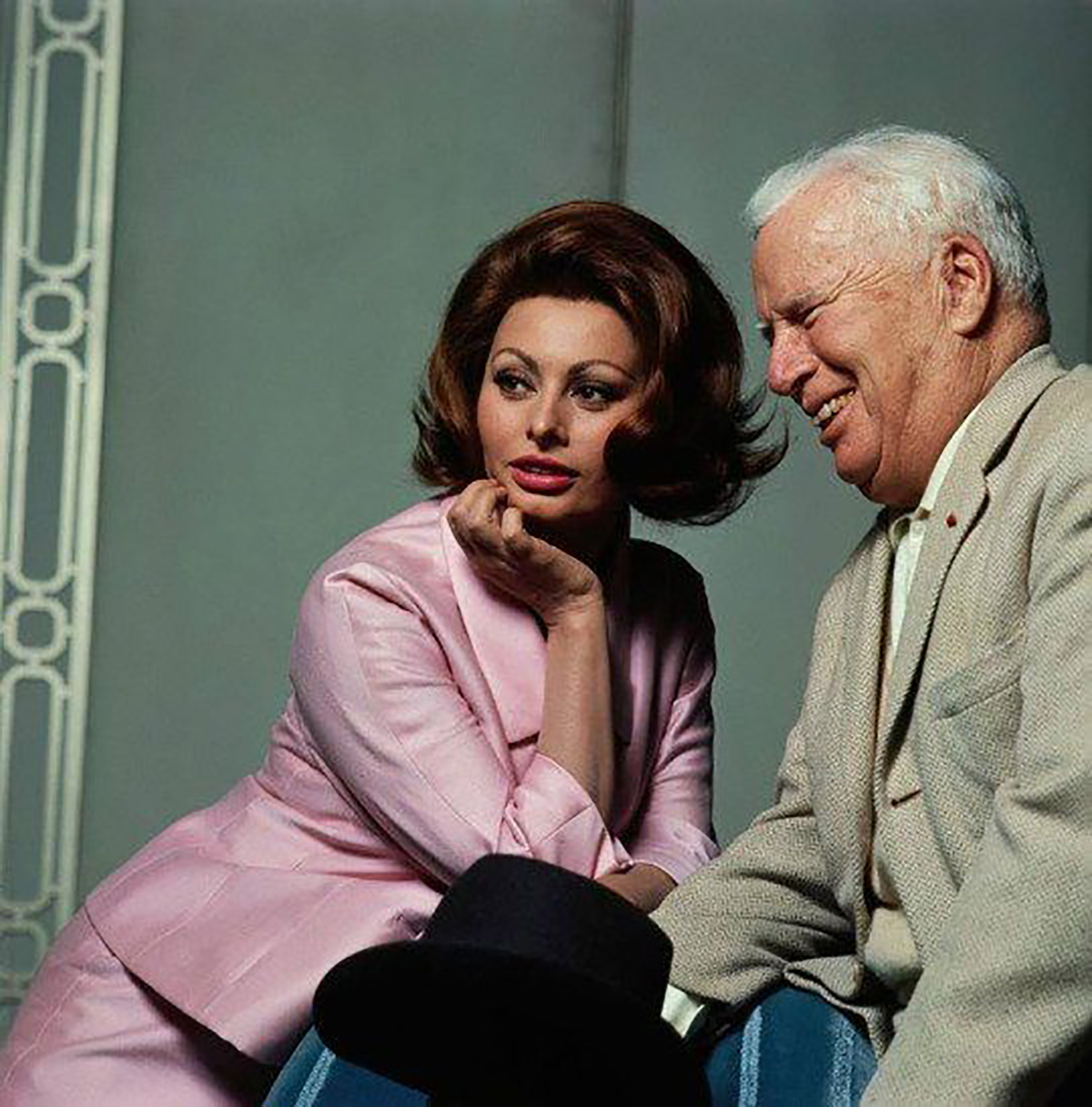 Sofia Loren and Charlie Chaplin promoting the film A Countess From Hong Kong (1967).
