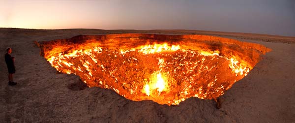 The portal to Hell in Turkmenistan measures 60 meters wide and 20 meters deep. It is a giant gas crater, constantly burning and smelling of sulfur.