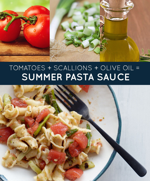 <a href="http://www.foodandwine.com/recipes/pasta-with-fresh-tomatoes-and-grilled-scallions" target="_blank">Summer Pasta Sauce</a>.