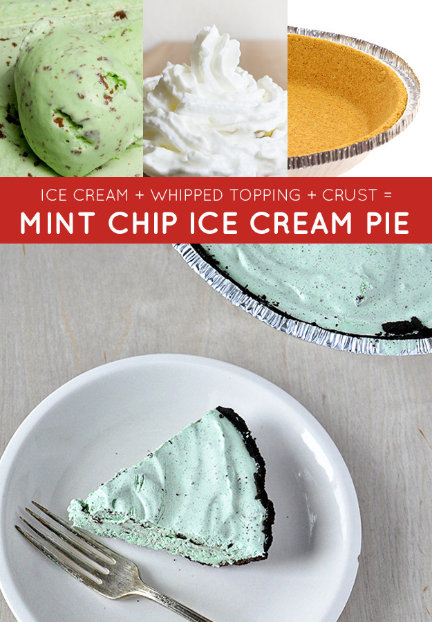 <a href="http://www.thirtyhandmadedays.com/2014/03/frozen-mint-chocolate-chip-pie-3-ingredients/" target="_blank">Mint Chip Ice Cream Pie</a>.