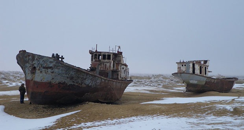 Muynak, Uzbekistan After having its water diverted by the Soviets, this lake dried up, leaving a ship graveyard in its wake.