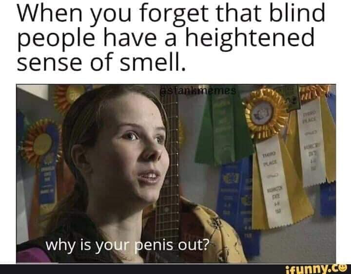 you forget that blind people have - When you forget that blind people have a heightened sense of smell. Stankmemes To why is your penis out? ifunny.co