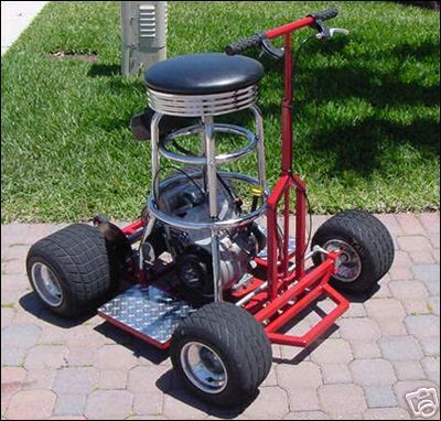 The leading trailer park ride of choice, the ever epic racing Bar Stool with a fancy lawnmower motor installed.