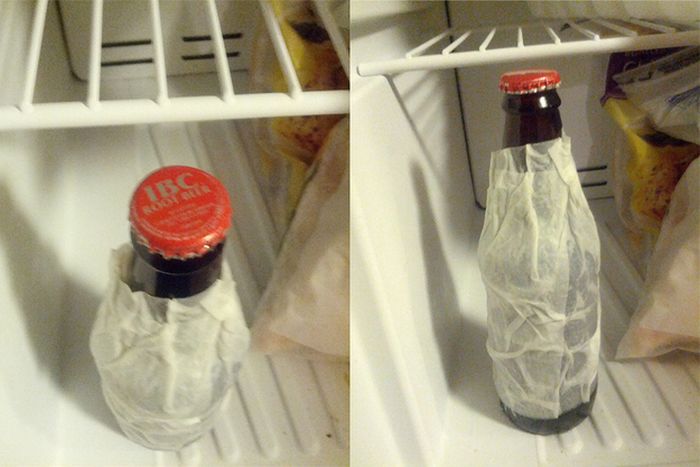 Wrap a wet paper towel around a drink and throw it in the freezer to cool it off quickly
