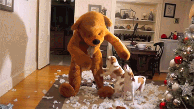 gifs - person wearing a dog costume and other dogs freak out