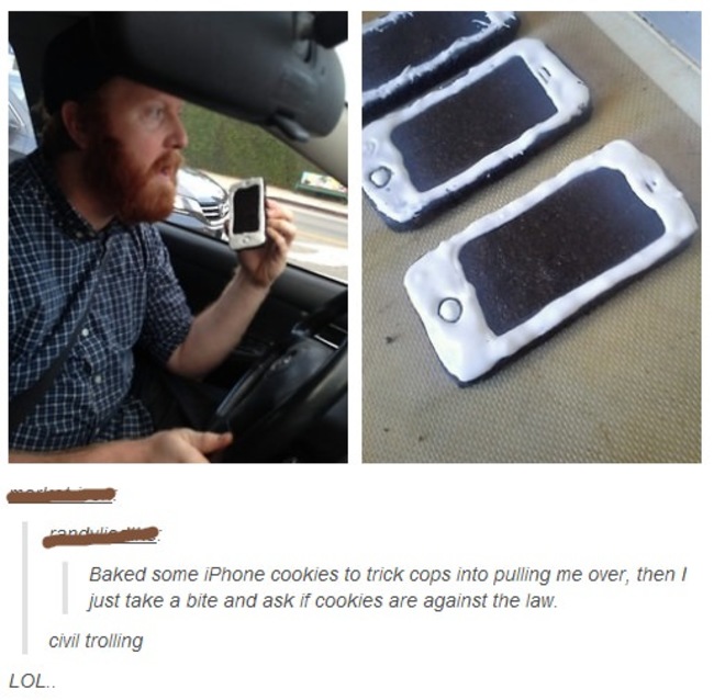 rebel baked iphone cookies - Baked some iPhone cookies to trick cops into pulling me over, then just take a bite and ask if cookies are against the law. civil trolling Lol..