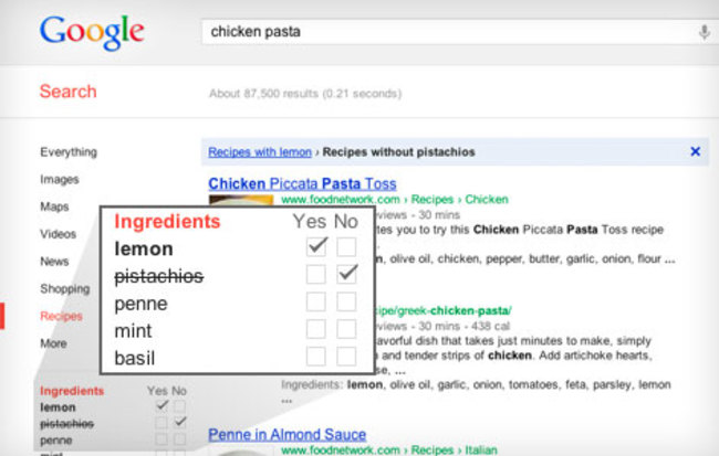 If you search your favorite food, and then click Search Tools", you can filter recipes based on ingredients, cook time and calories