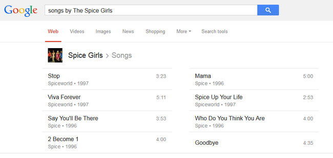 Search for Songs by and the name of a band, then Google will display all of their songs